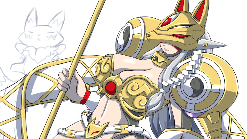 1girl, animal_ears, armor, belt, bikini_armor, breasts, cleavage, closed_mouth, commentary, covered_eyes, cowboy_shot, detached_sleeves, digimon, digimon_(creature), dutch_angle, facial_mark, fox_ears, fox_mask, grey_hair, highres, holding, holding_staff, holding_weapon, large_breasts, long_hair, mask, navel, nazca_(rapid-rabbit's), renamon, revealing_clothes, sakuyamon, sakuyamon_x-antibody, shoulder_armor, simple_background, staff, standing, stomach, weapon, white_background, white_belt, white_sleeves, yellow_armor, yellow_collar, yin_yang
