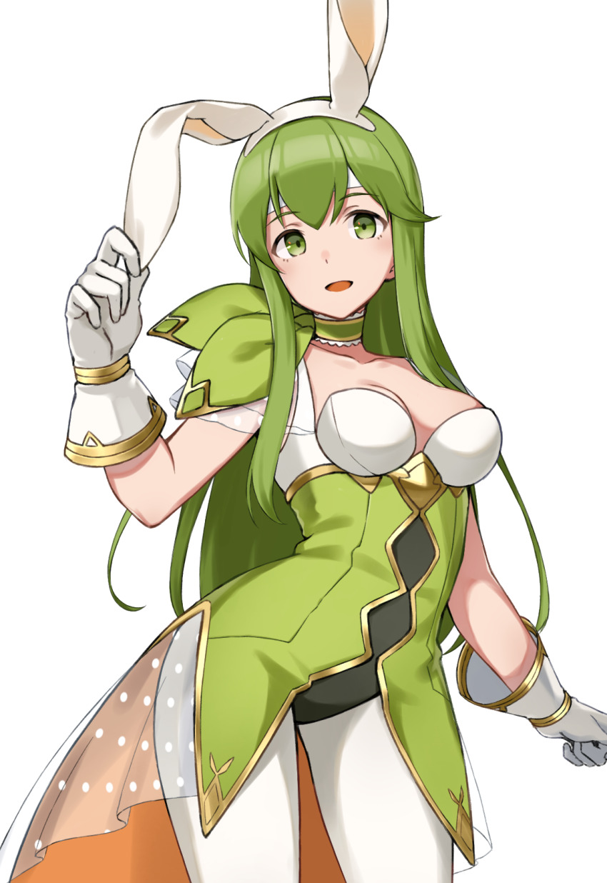 1girl, :d, animal_ears, black_leotard, breasts, choker, collarbone, contrapposto