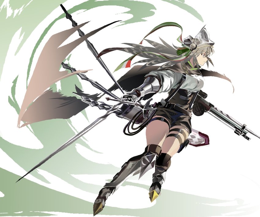 1girl, arknights, armor, boots, bow_(weapon), brown_eyes, brown_hair, crossbow