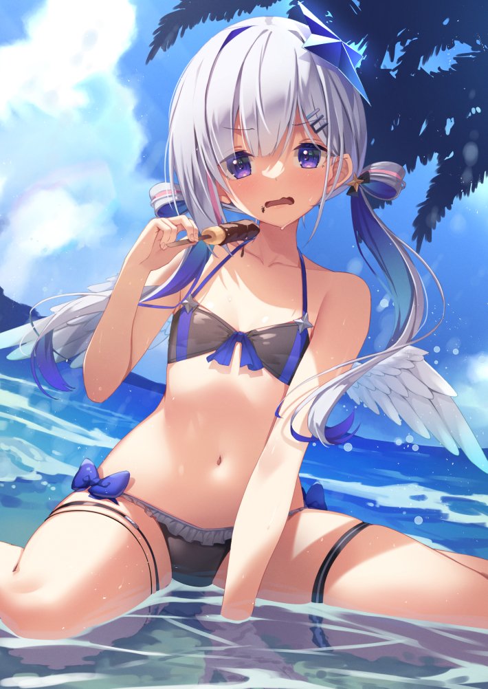 1girl, amane_kanata, amane_kanata_(work), amanuki-san, angel, angel_wings, bare_shoulders, bikini