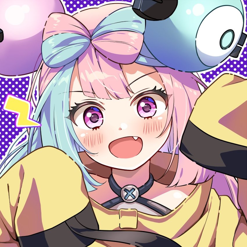 1girl, :d, blush, commentary_request, eyelashes, fang, green_hair, grey_shirt, hands_up, highres, iono_(pokemon), jacket, kei_(0497), long_hair, looking_at_viewer, nintendo, open_mouth, outline, pink_hair, pokemon, pokemon_scarlet_and_violet, polka_dot, polka_dot_background, purple_background, purple_eyes, shirt, sleeveless, sleeveless_shirt, smile, solo, upper_body, yellow_jacket