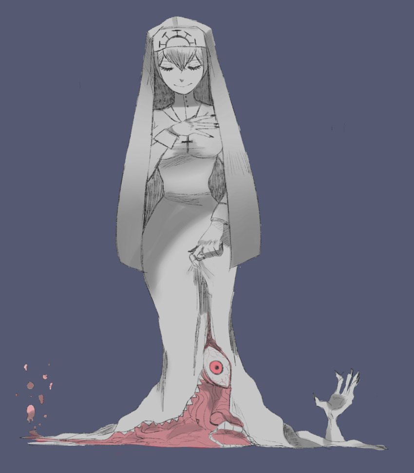 1girl, black_nails, blue_background, closed_eyes, clothes_lift, cross, cross_necklace, double_(skullgirls), dress, dress_lift, extra_arms, extra_eyes, extra_mouth, fingernails, habit, habit_lift, highres, jewelry, long_fingernails, monster, monster_girl, nail_polish, necklace, nun, red_eyes, skullgirls, smile, solo, spot_color