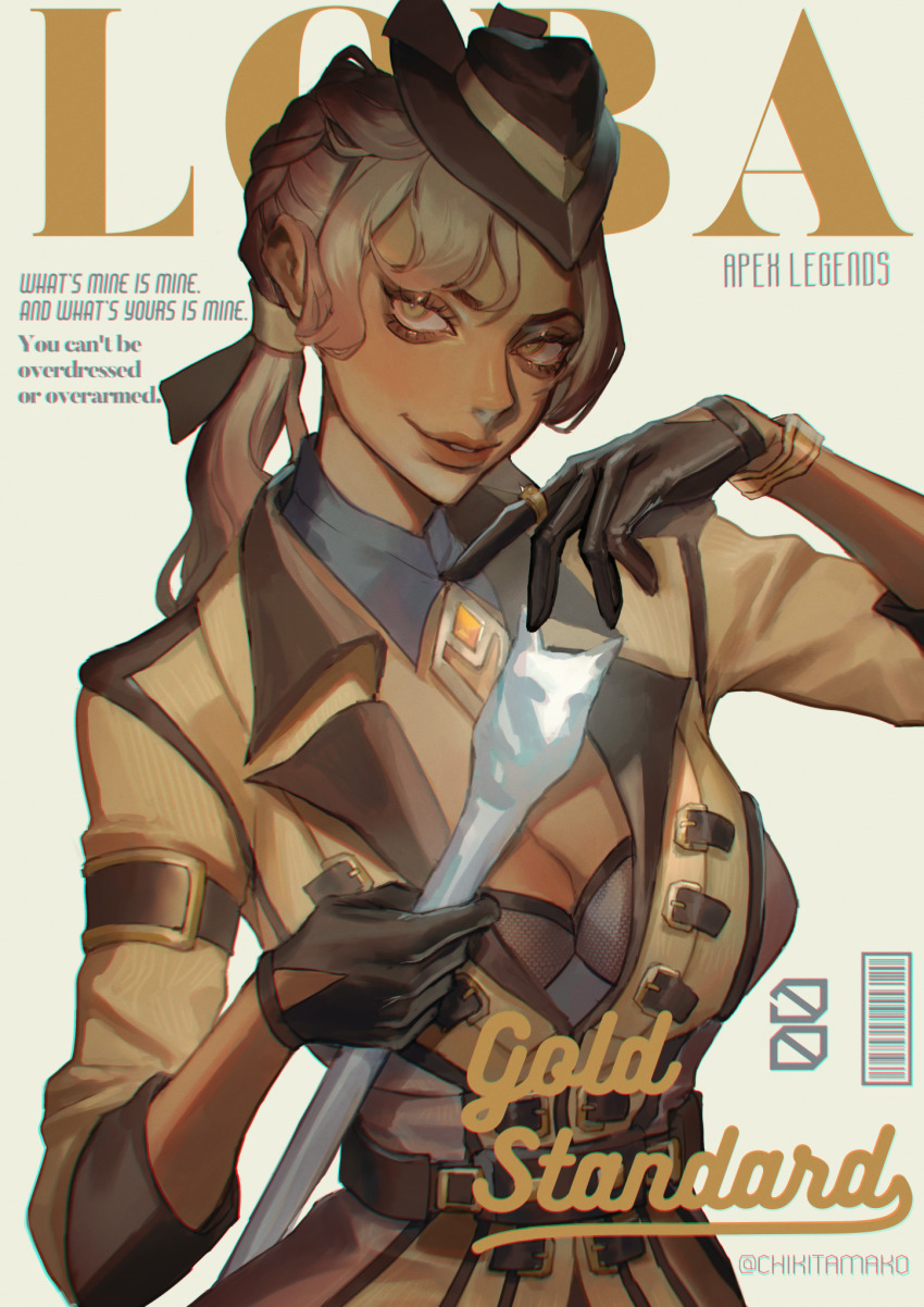 1girl, apex_legends, belt, black_belt, black_gloves, black_hat, bra, braid