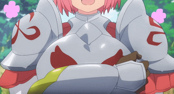 1girl, animated, animated_gif, anime_screenshot, armor, bouncing_breasts, breast_focus, breasts, cleavage, close-up, futoku_no_guild, hanabata_nohkins, huge_breasts, pink_hair, solo, walking