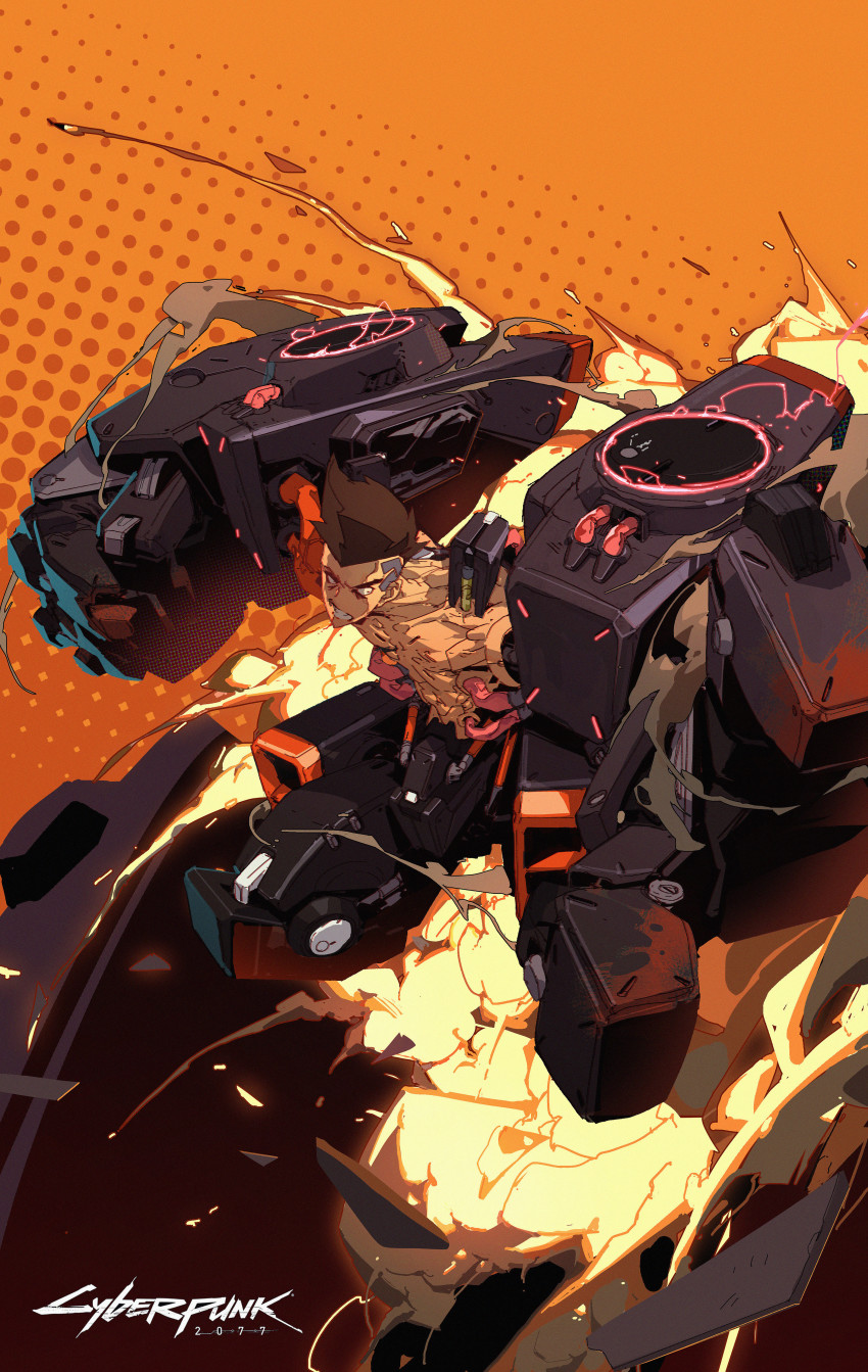 1boy, abs, absurdres, airborne, black_eyes, brown_hair, clenched_hands, clenched_teeth, commentary, cyber_skeleton_(cyberpunk), cyberpunk_(series), cyberpunk:_edgerunners, cyborg, david_martinez, english_commentary, exoskeleton, explosion, fire, highres, logo, male_focus, mohawk, oversized_limbs, piston, science_fiction, solo, teeth, topless_male, v-shaped_eyebrows, wenxu_xu