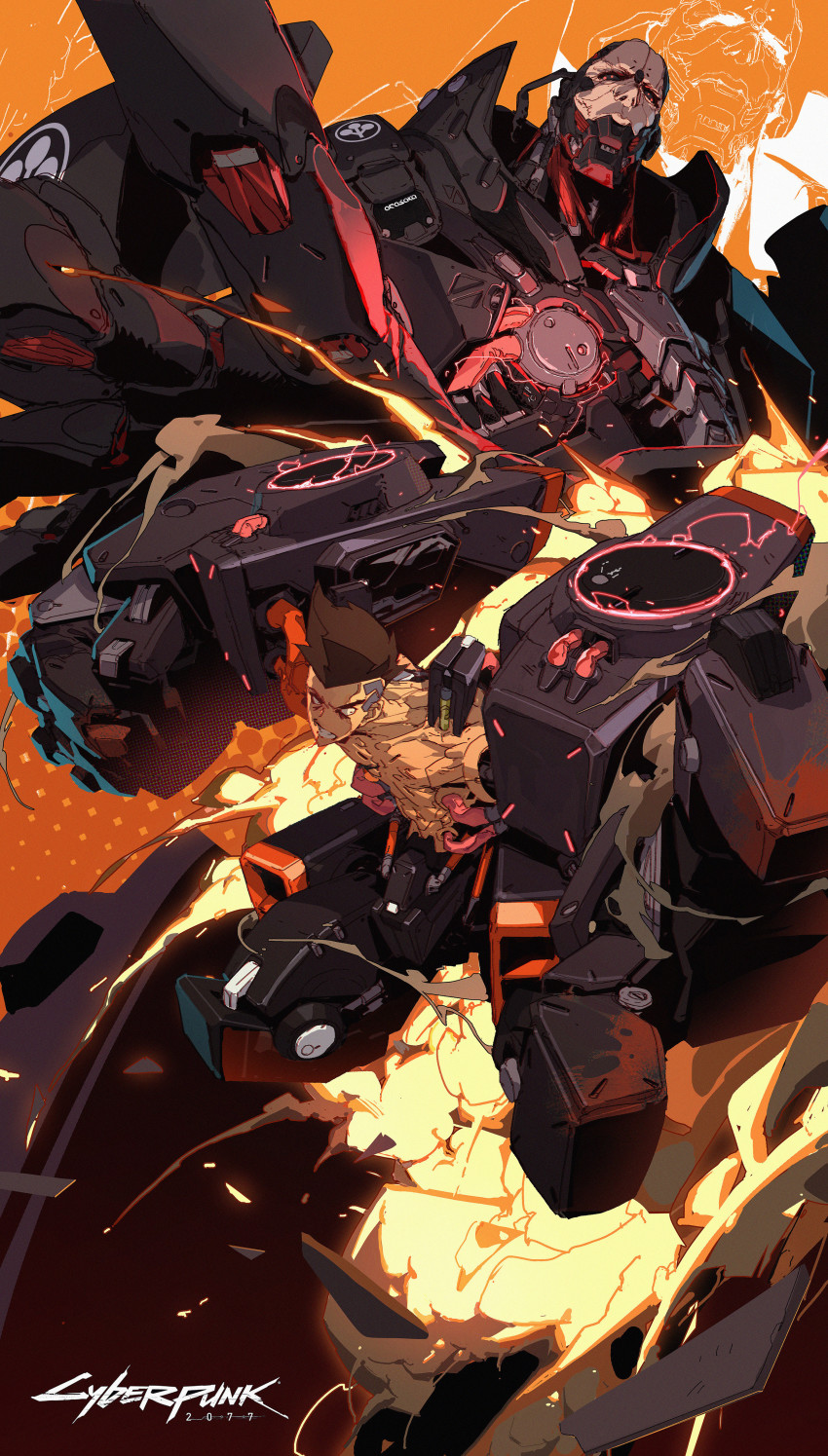 2boys, abs, absurdres, adam_smasher, airborne, artificial_eyes, black_eyes, brown_hair, cable, clenched_hands, clenched_teeth, commentary, cyber_skeleton_(cyberpunk), cyberpunk_(series), cyberpunk:_edgerunners, cyborg, david_martinez, english_commentary, exoskeleton, explosion, fire, glowing, head_tilt, highres, logo, male_focus, mohawk, multiple_boys, open_hand, orange_background, oversized_limbs, piston, science_fiction, teeth, topless_male, v-shaped_eyebrows, wenxu_xu