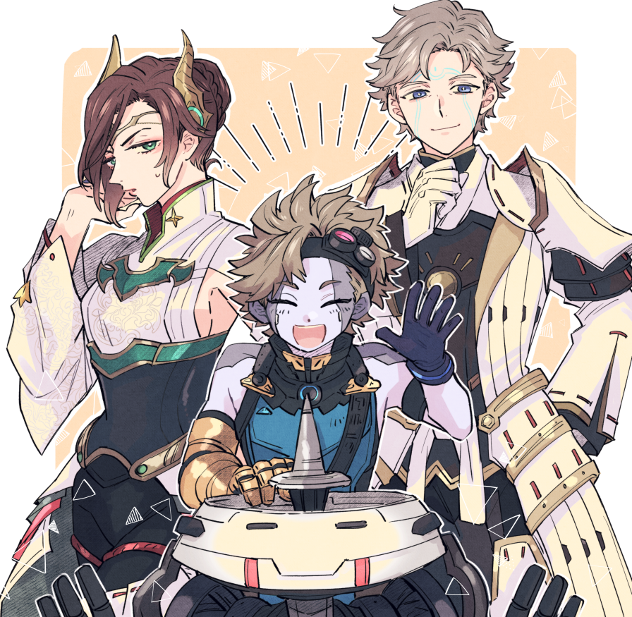 1girl, 2boys, :d, alexandria_(xenoblade), blonde_hair, blue_eyes, brown_hair, closed_eyes