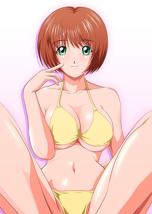 1girl, bikini, brown_hair, female_focus, green_eyes, navel, shopyun, short_hair