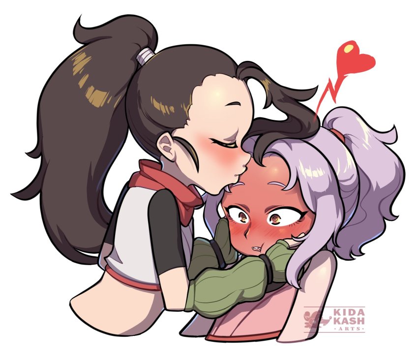 2girls, black_scarf, blush, child, crop_top, fingerless_gloves, forehead, full-face_blush