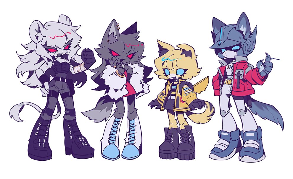 4girls, animal_ear_fluff, animal_ears, autobot, black_footwear, black_hair, black_shorts, black_vest