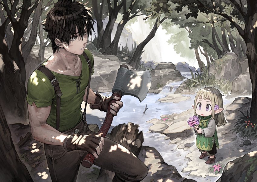 1boy, 1girl, axe, black_hair, blonde_hair, child, commentary_request, elf