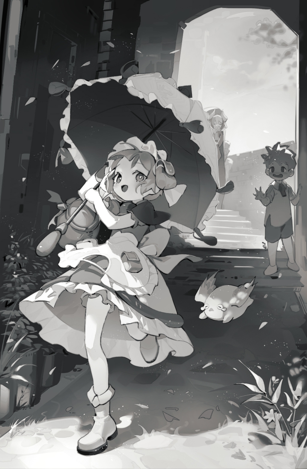 1girl, 2boys, :d, ankle_boots, apron, baofandxy, blunt_bangs, boots, bow, child, crossdressing, dress, falling_petals, frilled_dress, frilled_umbrella, frills, grass, greyscale, highres, holding, holding_umbrella, looking_at_another, made_in_abyss, maid, maid_headdress, maruruk, meinya_(made_in_abyss), monochrome, multiple_boys, open_mouth, outdoors, ozen, petals, plant, pouch, running, short_hair, short_sleeves, shorts, smile, solo_focus, stairs, trap, umbrella, waist_apron, waist_bow, whistle, whistle_around_neck