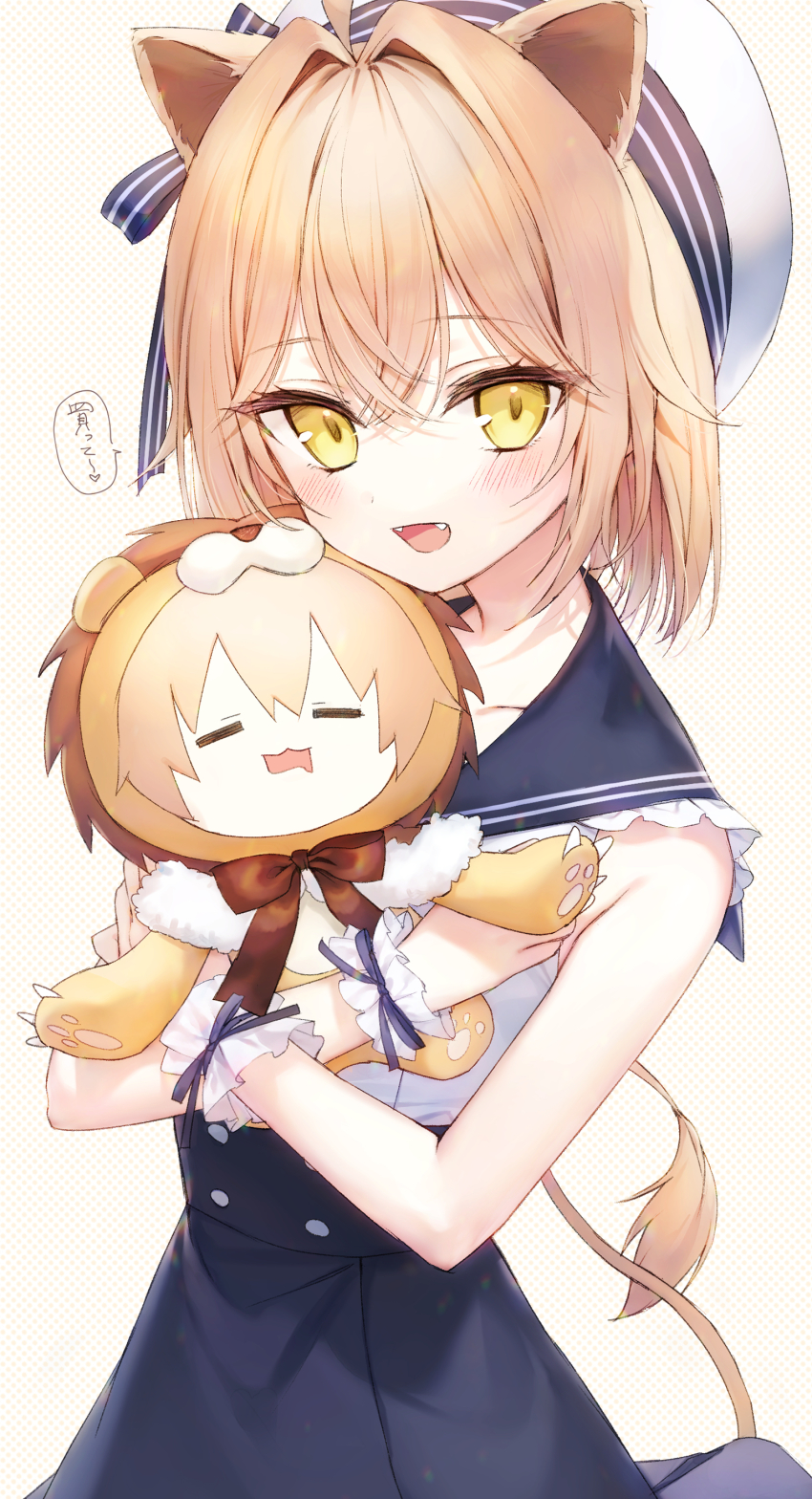 1girl, absurdres, ahoge, animal_ears, blue_skirt, blush, buttons, character_doll