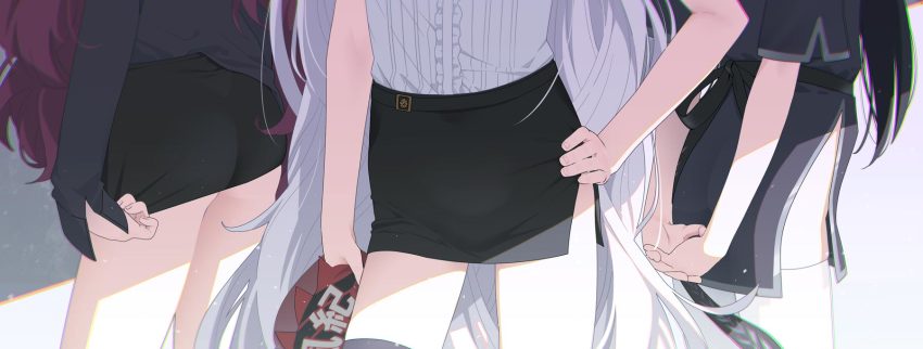 3girls, armband, arms_behind_back, ass, black_hair, black_thighhighs, blue_archive, close-up, frills, hand_on_own_hip, highres, hina_(blue_archive), iroha_(blue_archive), loli, long_hair, multiple_girls, pencil_skirt, purple_hair, shiomiya_iruka, shun_(blue_archive), shun_(small)_(blue_archive), skirt, thighhighs, thighs, unworn_armband, very_long_hair, white_hair, white_thighhighs