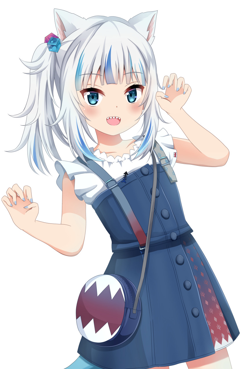 1girl, :d, absurdres, animal_ears, bag, blue_dress, blue_eyes, blue_hair