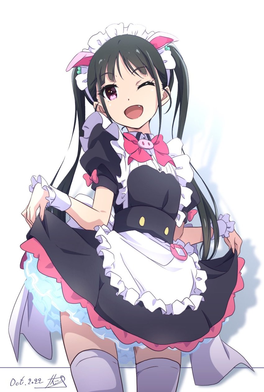 1girl, :d, akiba_maid_sensou, animal_ears, apron, black_dress, black_hair, dated