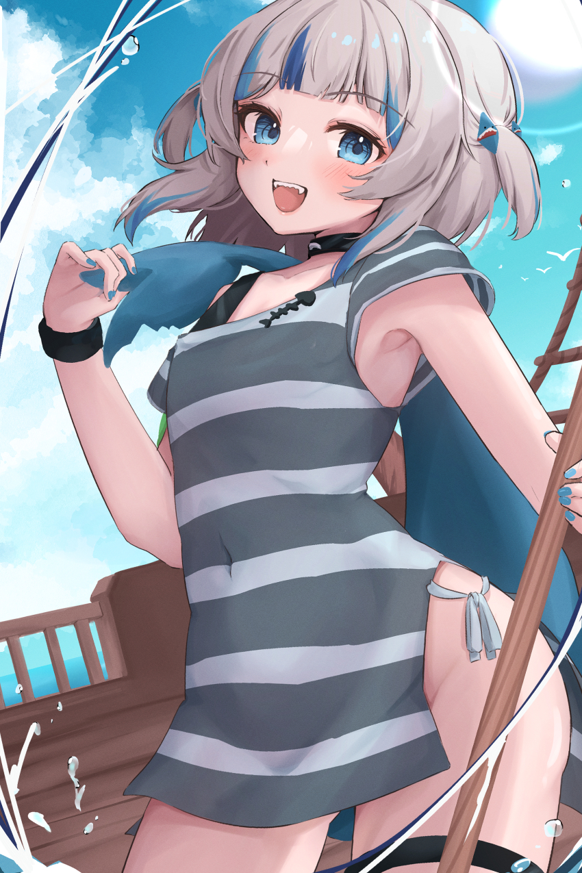 1girl, :d, absurdres, alternate_costume, black_choker, blue_eyes, blue_hair, blue_nails, blunt_bangs, blush, bottomless, choker, contrapposto, dress, fingernails, fins, fish_tail, flat_chest, gawr_gura, grey_hair, groin, hair_ornament, highres, hololive, hololive_english, looking_at_viewer, medium_hair, microdress, multicolored_hair, nail_polish, no_panties, open_mouth, shark_girl, shark_hair_ornament, shark_tail, sharp_teeth, side_slit, smile, solo, soyoghi, streaked_hair, striped_clothes, striped_dress, tail, teeth, two_side_up, virtual_youtuber
