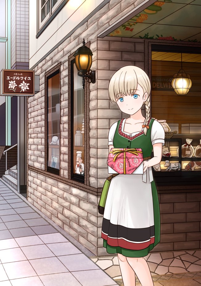 1girl, aqua_eyes, blonde_hair, blush, box, braid, commentary_request, day