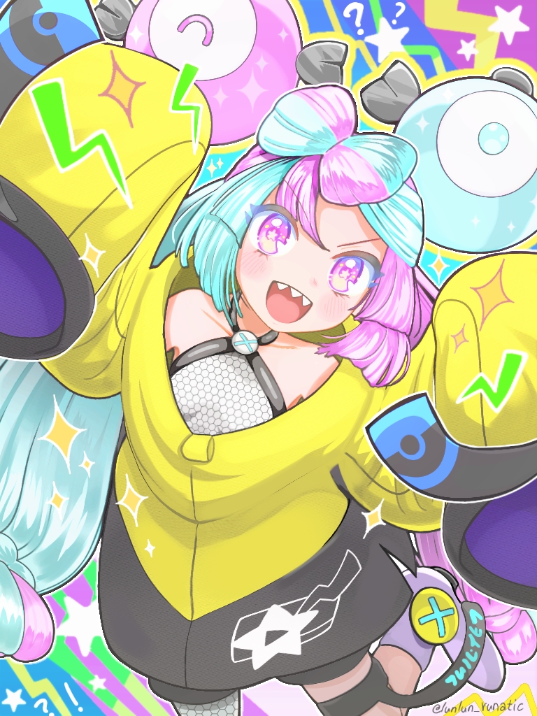 1girl, :d, aqua_hair, arms_up, black_shorts, blush, boots, breasts