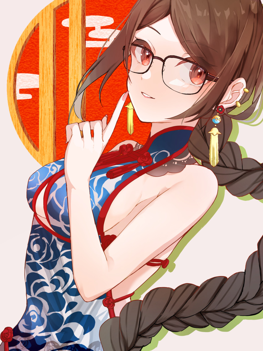 1girl, bare_shoulders, black-framed_eyewear, braid, braided_ponytail, breasts, brown_eyes, brown_hair, china_dress, chinese_clothes, commentary_request, dress, ear_piercing, earrings, fate/grand_order, fate_(series), fingernails, glasses, highres, index_finger_raised, jewelry, long_hair, looking_at_viewer, medium_breasts, nail_polish, official_alternate_costume, piercing, pink_nails, sideboob, sleeveless, sleeveless_dress, smile, solo, t_maguo, upper_body, very_long_hair, yu_mei-ren_(fate), yu_mei-ren_(spare_the_idle_talk)_(fate)