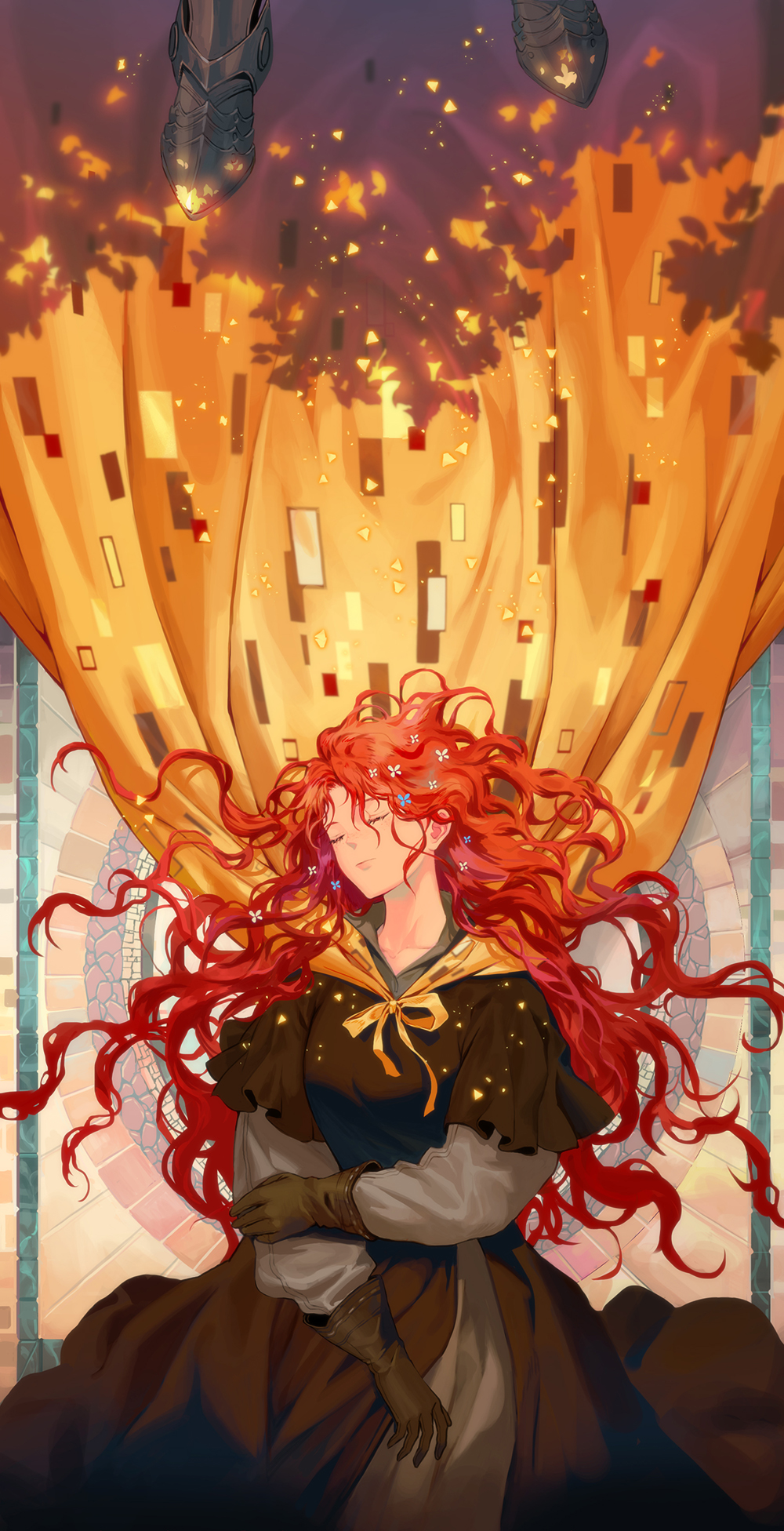 1boy, 1girl, armor, brown_dress, brown_gloves, cape, closed_eyes, closed_mouth