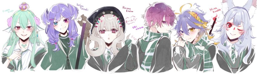 2boys, 4girls, ahoge, anger_vein, animal_ear_fluff, animal_ears, antenna_hair, aster_arcadia, blonde_hair, blue_eyes, blue_hair, blush, body_writing, bracelet, braid, cardigan, chain, chain_earrings, character_name, cloak, closed_mouth, collared_shirt, crown, dress_shirt, ear_piercing, english_text, eyeliner, eyeshadow, facial_mark, fang, fang_out, finana_ryugu, fins, fish_girl, flower, fox_ears, fox_girl, gradient_hair, green_hair, green_necktie, green_scarf, grey_hair, grey_sweater, hair_flower, hair_ornament, hair_tie, hairclip, harry_potter_(series), head_fins, head_wings, heterochromia, highres, hogwarts_school_uniform, holding, holding_wand, hood, hooded_cloak, jewelry, long_hair, long_sleeves, looking_at_viewer, looking_to_the_side, makeup, mole, mole_under_eye, multicolored_hair, multiple_boys, multiple_girls, neck_tattoo, necktie, nijisanji, nijisanji_en, nina_kosaka, one_eye_closed, open_mouth, piercing, pink_flower, purple_eyes, purple_hair, purple_wings, raised_eyebrow, red_eyeliner, red_eyes, red_eyeshadow, reimu_endou, scarf, school_uniform, selen_tatsuki, shirt, short_hair, sleeves_past_fingers, sleeves_past_wrists, slytherin, speech_bubble, star_(symbol), star_hair_ornament, streaked_hair, sweater, tattoo, twin_braids, uki_violeta, undone_necktie, virtual_youtuber, wand, wings, wizarding_world, yellow_eyes, yukishiro_(boma_winter)