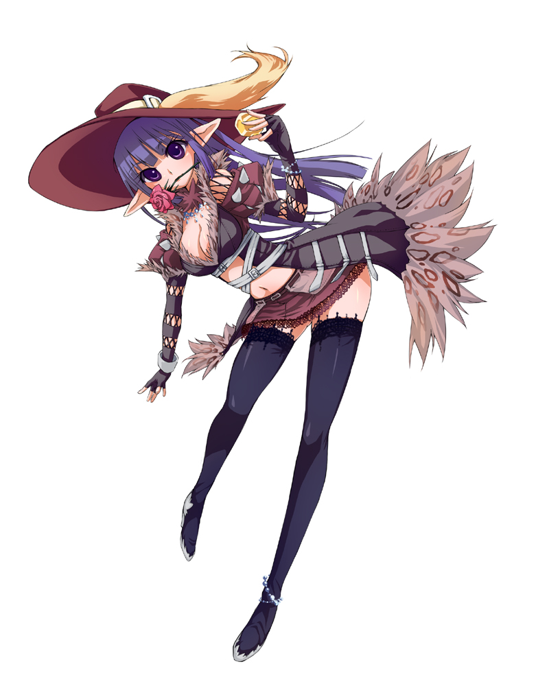1girl, blue_hair, elf, female_focus, fingerless_gloves, flower, flower_in_mouth, gloves, hat, kawagoe_pochi, legs, mouth_hold, navel, pointy_ears, purple_eyes, ragnarok_online, rose, shadow_chaser_(ragnarok_online), solo, thighhighs
