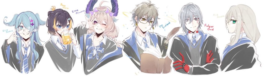 2boys, 4girls, ahoge, aia_amare, bird_girl, black_hair, blonde_hair, blue_eyes