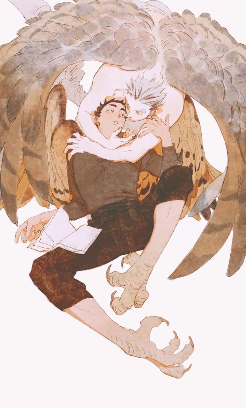 2boys, absurdres, akaashi_keiji, bird_boy, bird_legs, black_hair, black_pants, bokuto_koutarou