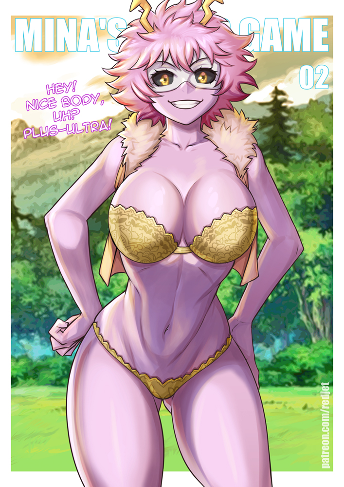 1girl, ashido_mina, boku_no_hero_academia, bra, breasts, bush, female_focus, fur_vest, grass, grin, large_breasts, lingerie, looking_at_viewer, mountain, outdoors, panties, short_hair, smile, solo, tree, underwear, upper_body, vest, yellow_bra, yellow_panties