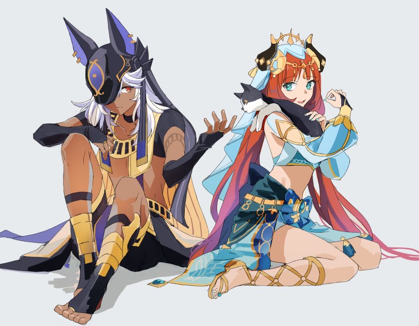 1girl, absurdres, arabian_clothes, bare_shoulders, black_choker, blue_eyes, cat, choker