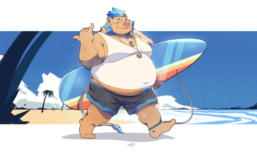 1boy, absurdres, animal_ears, animal_nose, arm_hair, artist_request, bara, beach, black_male_swimwear, black_swim_trunks, blue_eyes, blue_hair, blue_sky, blush, boar_boy, boar_ears, boar_tail, chest_tuft, covered_navel, fat, fat_man, fish_hook, full_body, furry, furry_male, ganglie_(housamo), hand_gesture, highres, holding, holding_surfboard, jewelry, leg_hair, letterboxed, long_sideburns, male_focus, male_swimwear, midriff, midriff_peek, navel_hair, necklace, palm_tree, pig_snout, riisago, shaka_sign, short_hair, sideburns, sky, solo, surfboard, swim_trunks, swimsuit, tank_top, tokyo_houkago_summoners, tree, white_tank_top