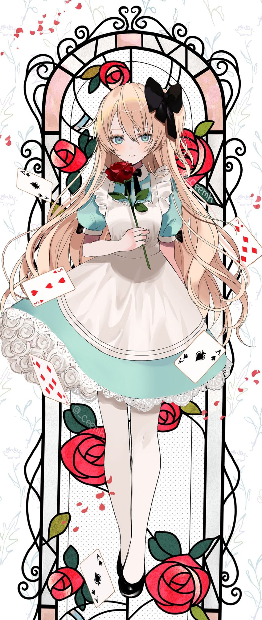 1girl, absurdres, alice_(alice_in_wonderland), alice's_adventures_in_wonderland, apron, blonde_hair, blue_dress, blue_eyes