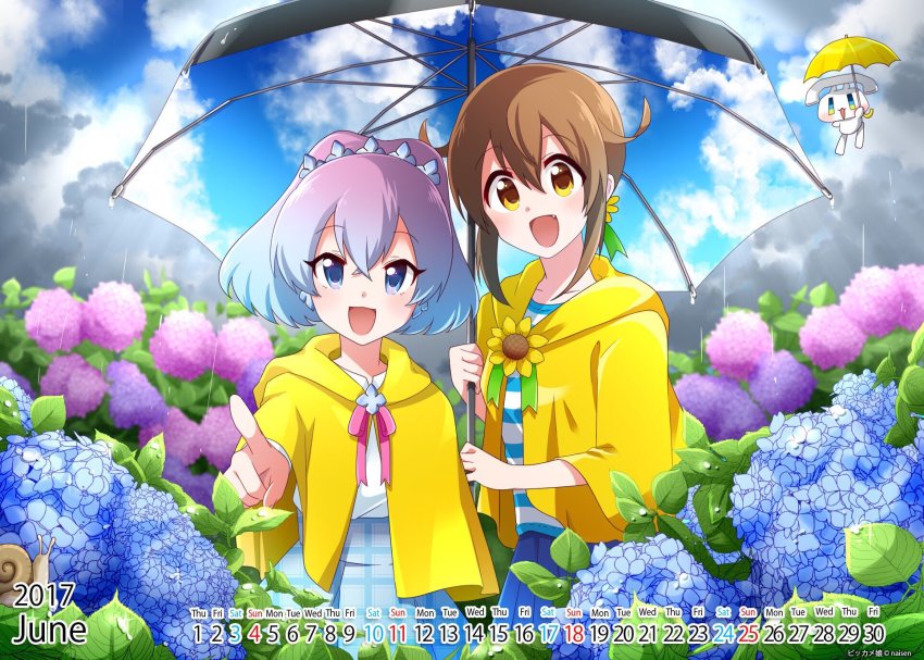 2girls, brown_hair, flower, funa-tan, highres, hydrangea, multiple_girls, naisen