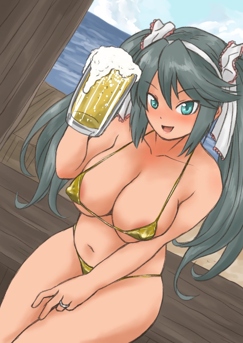 1girl, absurdres, alcohol, beach, beer, beer_mug, bikini, breasts, commentary_request, cup, dutch_angle, gold_bikini, green_eyes, grey_hair, highres, horizon, isuzu_(kancolle), kantai_collection, large_breasts, long_hair, madmax_(suzk1125), micro_bikini, mug, ocean, outstretched_arms, sitting, solo, swimsuit, twintails