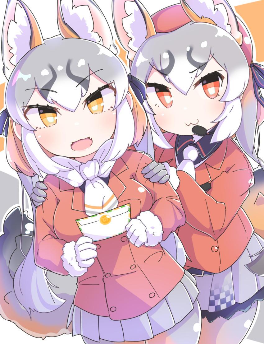 animal_costume, animal_ear_fluff, animal_ears, blazer, extra_ears, fox_ears, fox_girl, fox_tail, gloves, grey_hair, hat, highres, island_fox_(kemono_friends), jacket, kemono_friends, kemono_friends_3, kemono_friends_v_project, long_hair, microphone, multicolored_hair, necktie, obobu_(sapnoji), orange_eyes, orange_hair, pantyhose, red_eyes, ribbon, scarf, shirt, simple_background, skirt, tail, virtual_youtuber