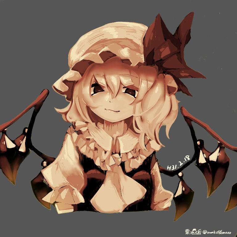 1girl, ascot, bat_wings, blonde_hair, cropped_torso, eyes_visible_through_hair, flandre_scarlet, grey_background