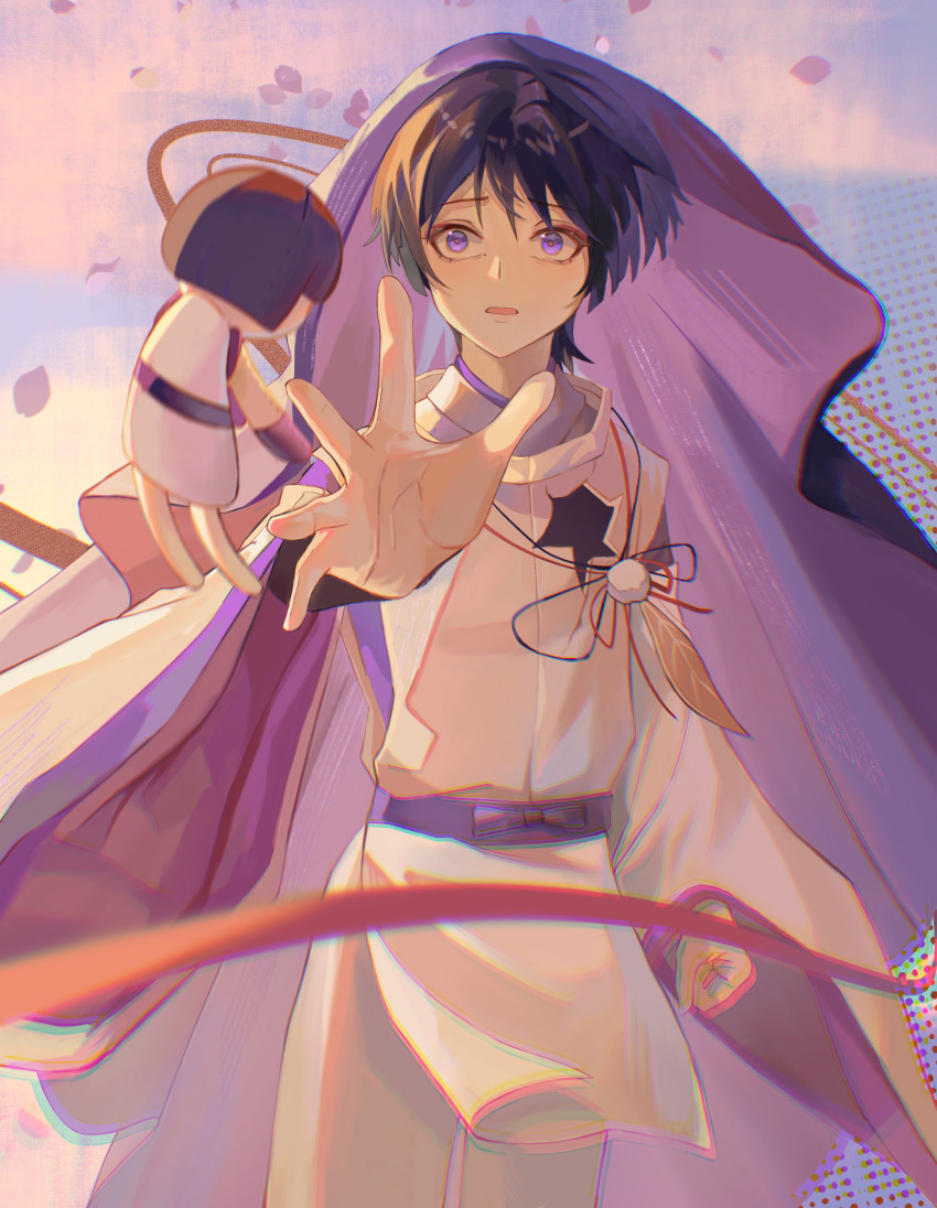 1boy, absurdres, armor, bishounen, chromatic_aberration, falling_petals, genshin_impact, highres