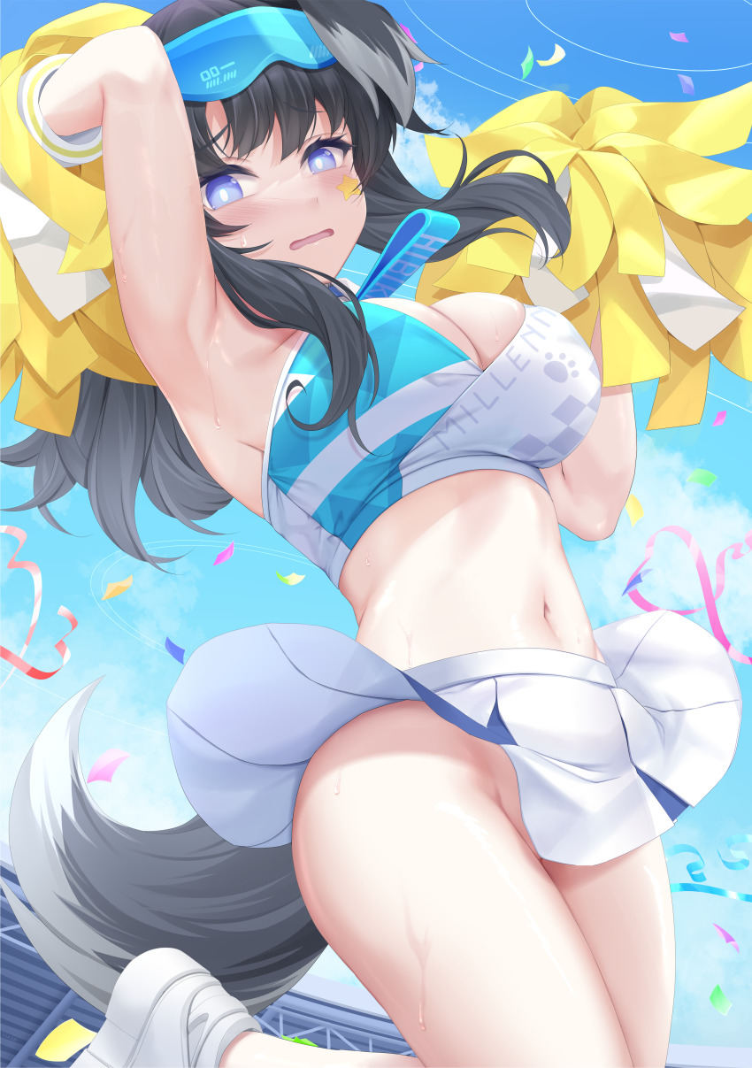 1girl, absurdres, animal_ears, arm_up, armpits, bare_shoulders, black_hair, blue_archive, blue_eyes, blue_sky, blush, breasts, cheerleader, confetti, day, dog_ears, dog_girl, dog_tail, eyewear_on_head, goggles, goggles_on_head, halo, hibiki_(blue_archive), hibiki_(cheer_squad)_(blue_archive), highres, holding, holding_pom_poms, large_breasts, long_hair, looking_at_viewer, millennium_cheerleader_outfit_(blue_archive), miniskirt, navel, no_panties, official_alternate_costume, open_mouth, pom_pom_(cheerleading), pom_poms, skirt, sky, sleeveless, solo, star_(symbol), star_sticker, sticker, sticker_on_face, strelka_belca, sweat, tail, thighs, white_skirt, wind, wind_lift