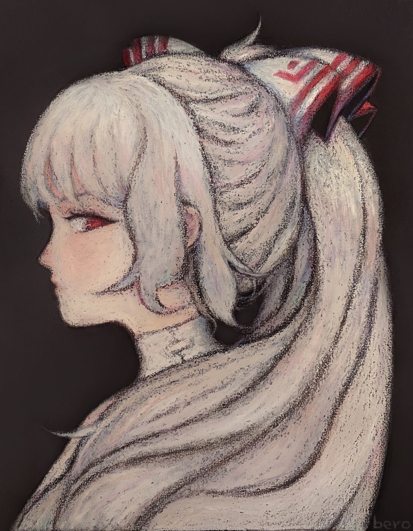 1girl, bow, closed_mouth, commentary, fujiwara_no_mokou, grey_hair, hair_bow, highres, looking_at_viewer, oil_pastel, ponytail, portrait, profile, red_bow, red_eyes, russian_commentary, sideways_glance, solo, svveetberry, touhou, traditional_media, watercolor_pencil_(medium), white_bow