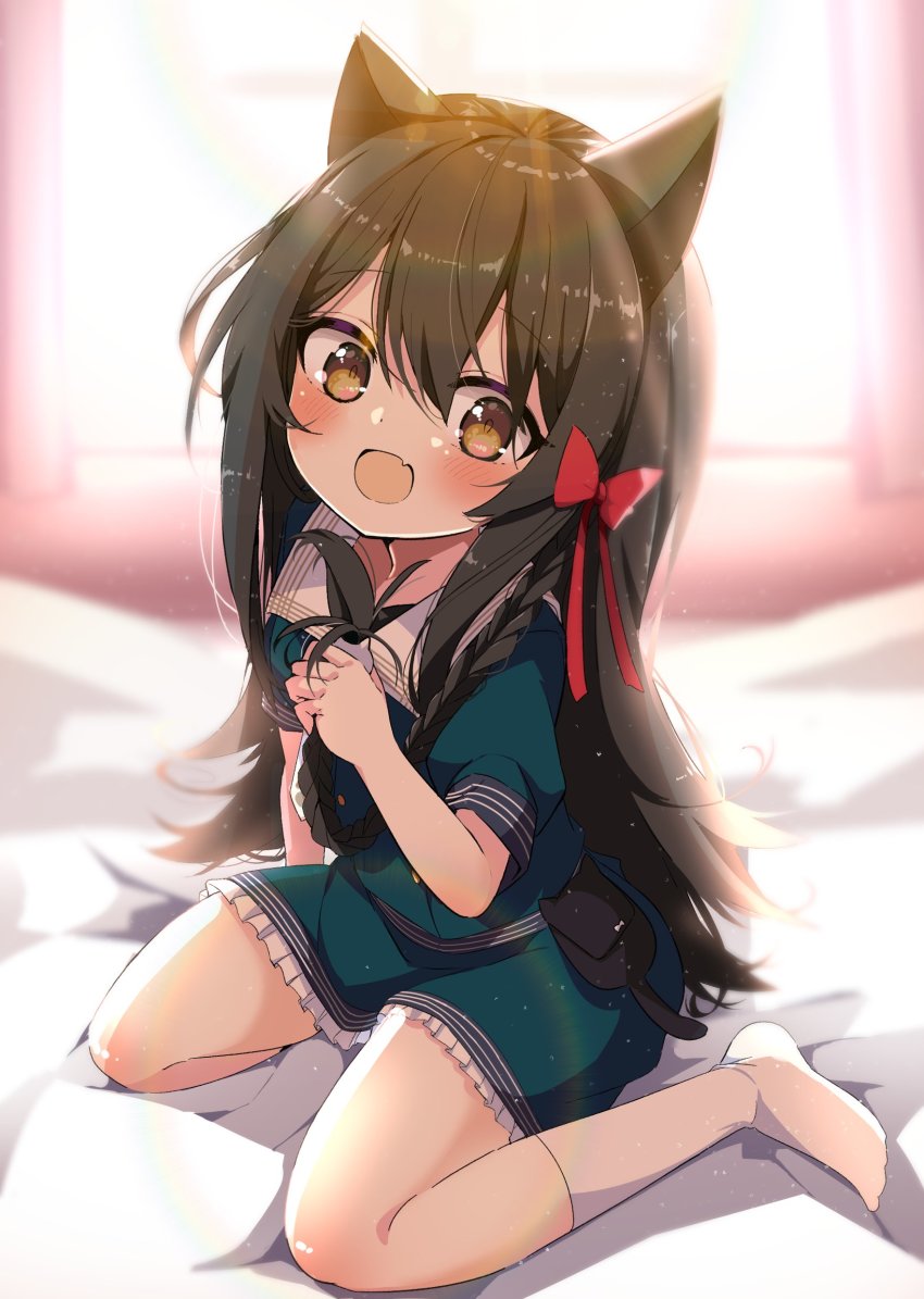 1girl, :d, absurdres, animal_ears, black_hair, braid, brown_eyes, cat_ears