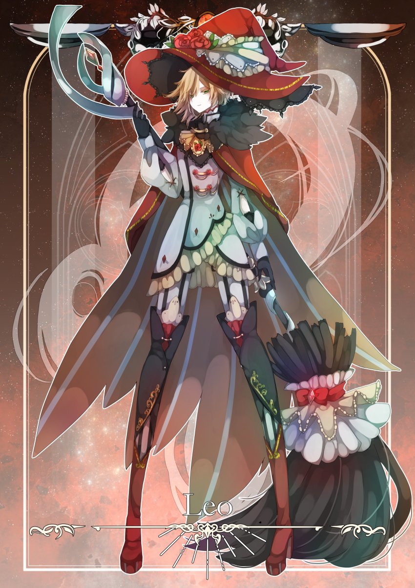 1girl, absurdres, arm_cutout, black_gloves, blonde_hair, boots, broom, cape