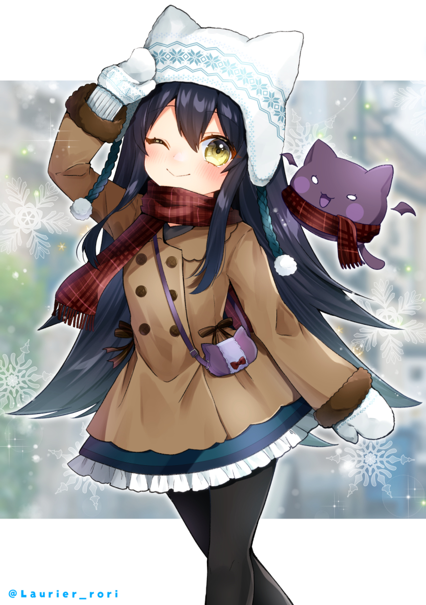 1girl, ;), animal_ears, bag, black_hair, black_pantyhose, blue_skirt, brown_coat