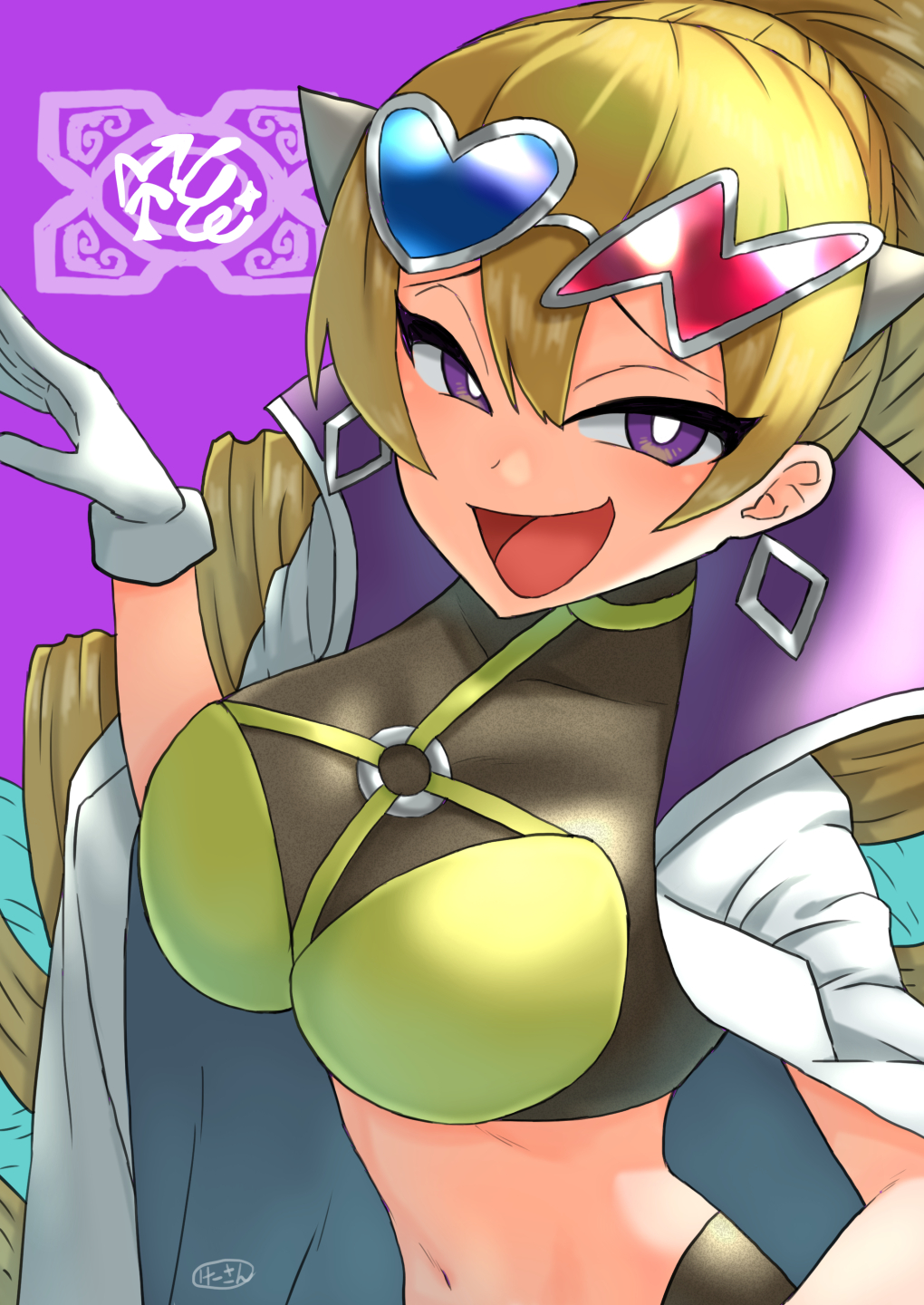 1girl, :d, asymmetrical_eyewear, blonde_hair, breasts, cape, coat, coat_on_shoulders