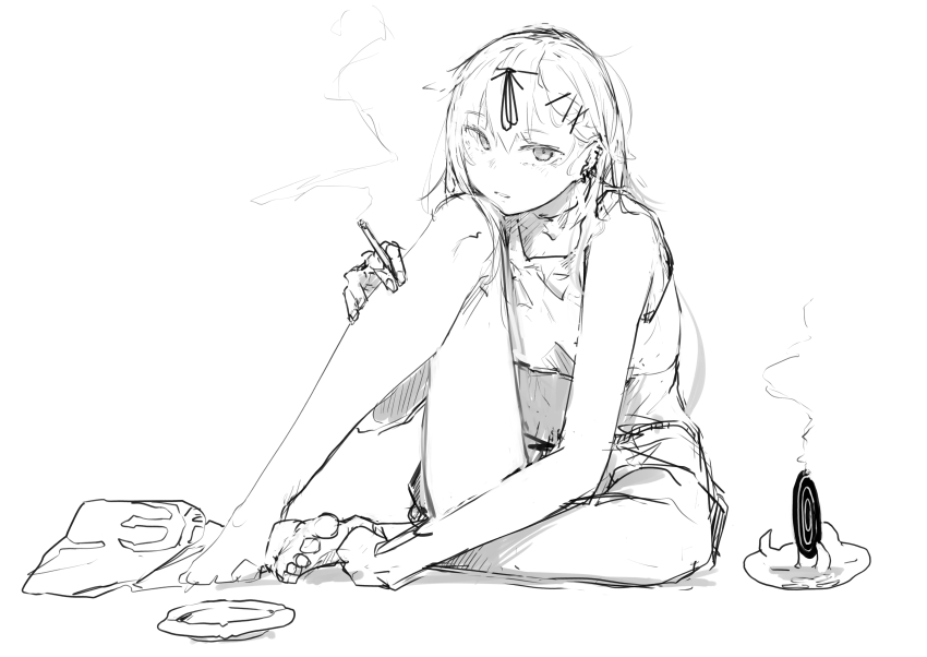 1girl, absurdres, barefoot, cigarette, earrings, hair_flaps, hair_ornament, hair_ribbon