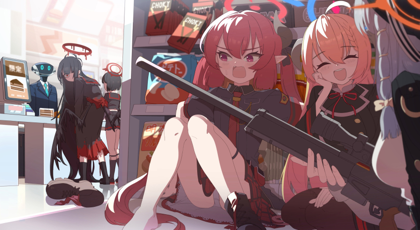 ahoge, akari_(blue_archive), black_hair, black_serafuku, black_wings, blonde_hair, blood, blood_on_clothes
