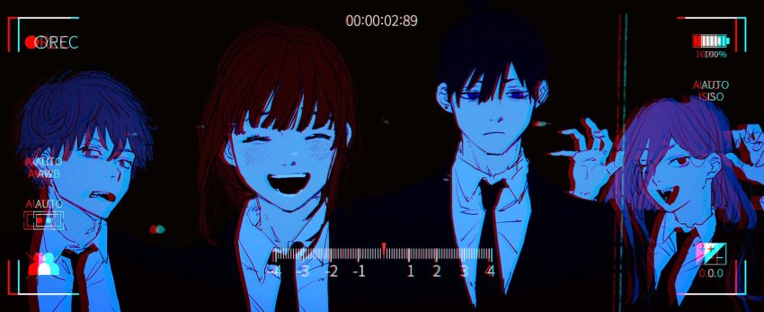 2boys, 2girls, battery_indicator, black_background, black_hair, black_necktie, black_suit, blue_eyes