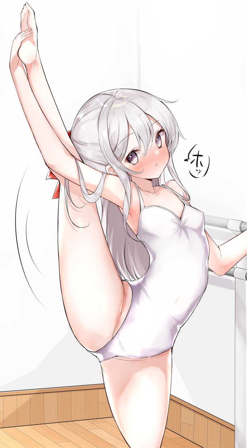 1girl, absurdres, athletic_leotard, ballerina, ballet, ballet_class_clothes, barefoot, barre, blush, breasts, feet, flexible, grey_eyes, grey_hair, groin, hamaken._(novelize), hand_on_own_foot, highleg, highleg_leotard, highres, indoors, leg_hold, leg_lift, leg_up, legs, leotard, long_hair, original, ribbon, small_breasts, soles, solo, split, spread_legs, standing, standing_on_one_leg, standing_split, thighs, toes, white_leotard