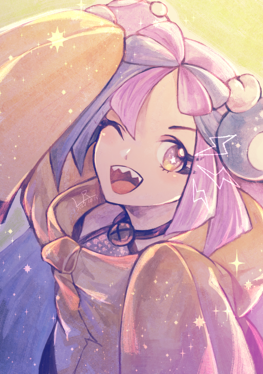 1girl, ;d, arm_up, blue_hair, character_hair_ornament, commentary_request, dated, eyelashes