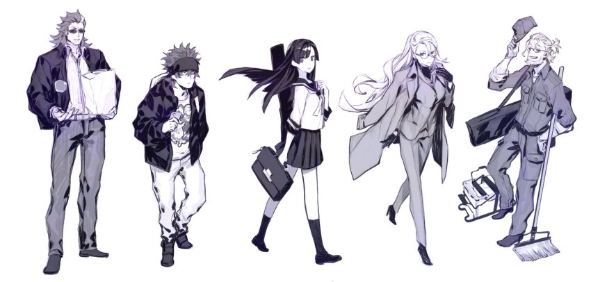 2girls, 3boys, 7th_dragon_(series), 7th_dragon_2020, alternate_costume, alternate_hairstyle, apple, bag